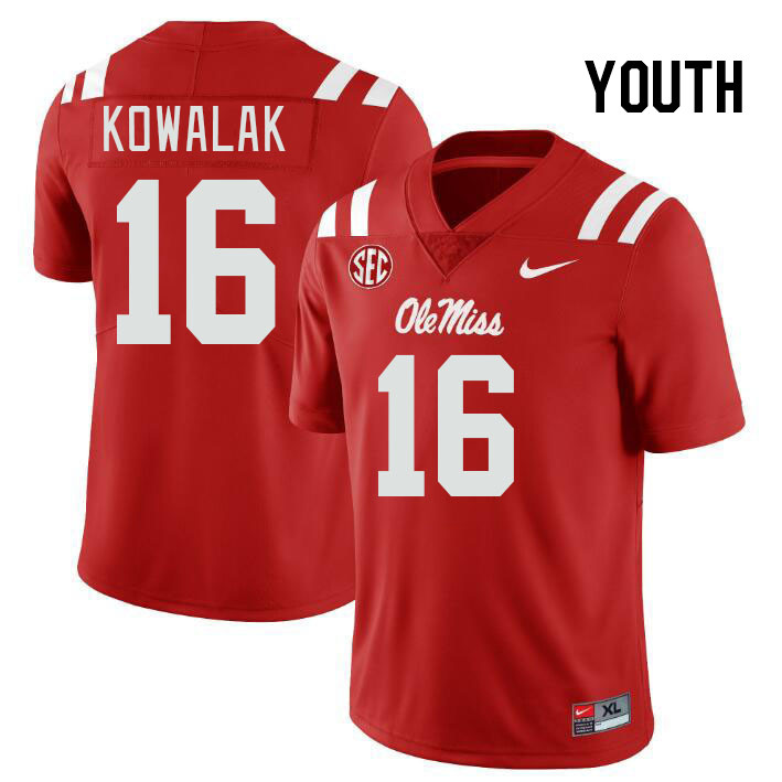 Youth #16 Justin Kowalak Ole Miss Rebels College Football Jerseys Stitched-Red